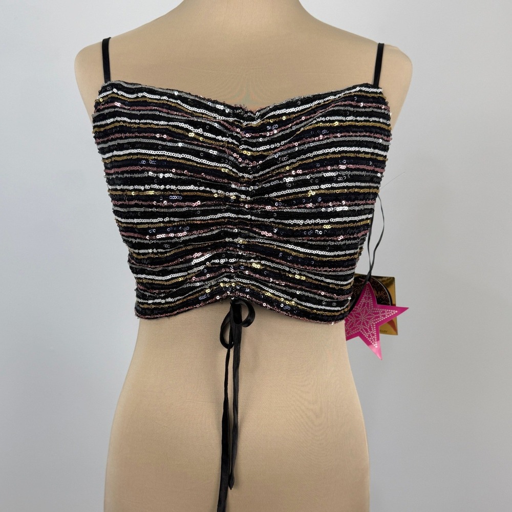 Sequin Tie Back Crop Top Tank Large Black Gold Silver Party Summer Festival Rave